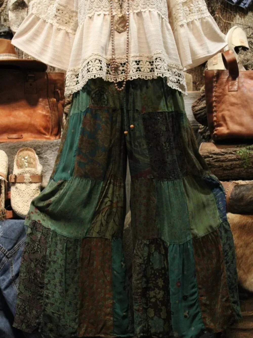 NWT Young Threads Bohemian Patchwork Maxi Pants Floral Green and Black - Picture 3 of 5